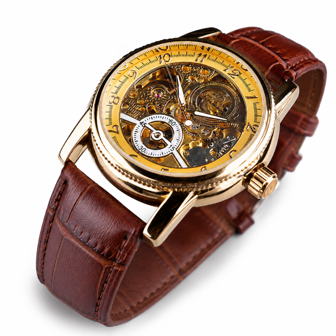 Het Marius horloge met zilveren kast en zwarte wijzerplaat, gedragen door een man in een zakelijke setting, perfect passend bij een pak.
