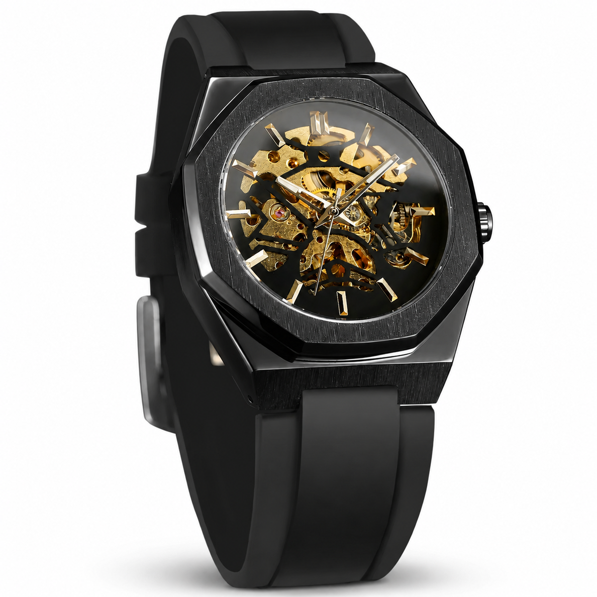 Overzicht van de verschillende kleuropties van het Vigo automatische horloge, van zilver tot goud/zwart.