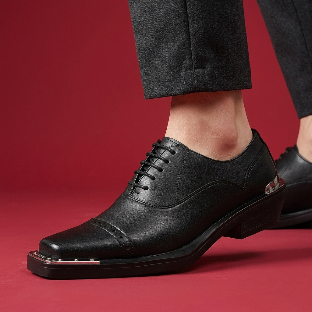 Casimir leren geklede herenschoenen gedragen in een professionele setting, gecombineerd met een nette pantalon en sokken.
