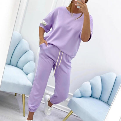Dames Casual Huispak Set - Comfortabele Effen Top & Broek Loungekleding