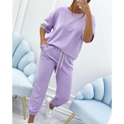 Dames Casual Huispak Set - Comfortabele Effen Top & Broek Loungekleding