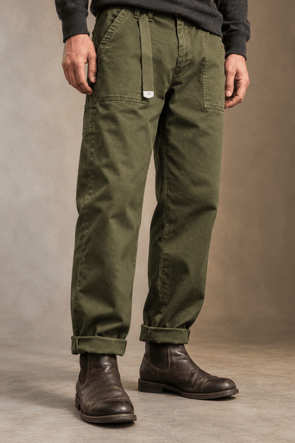 Wessel utility broek in legergroen, frontaal gepresenteerd op een model, met opgerolde pijpen en zichtbare zakken.