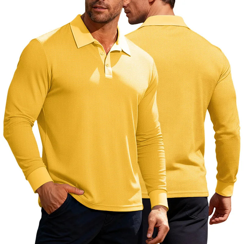 Zijaanzicht van het zwarte Mick heren poloshirt met lange mouwen, toonbaar de pasvorm en mouwlengte.