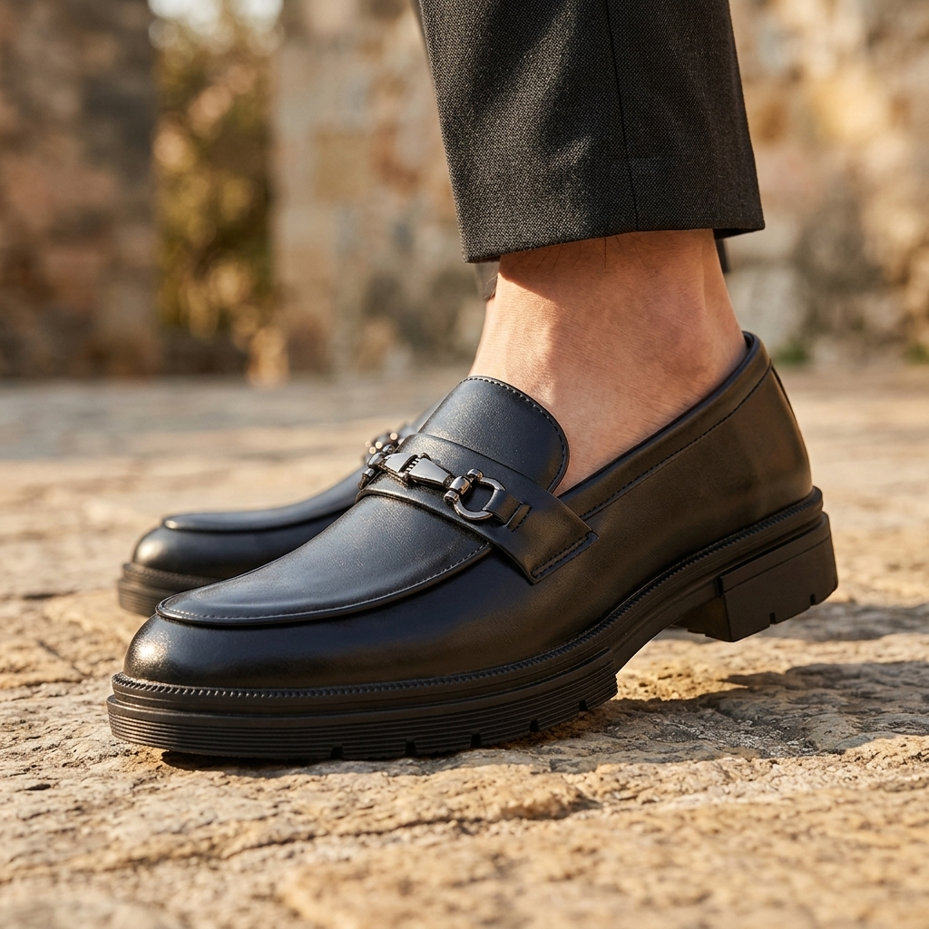 Een man in casual smart kleding, staand met de bruine leren loafers heren, perfect voor avondplannen en vrije tijd.