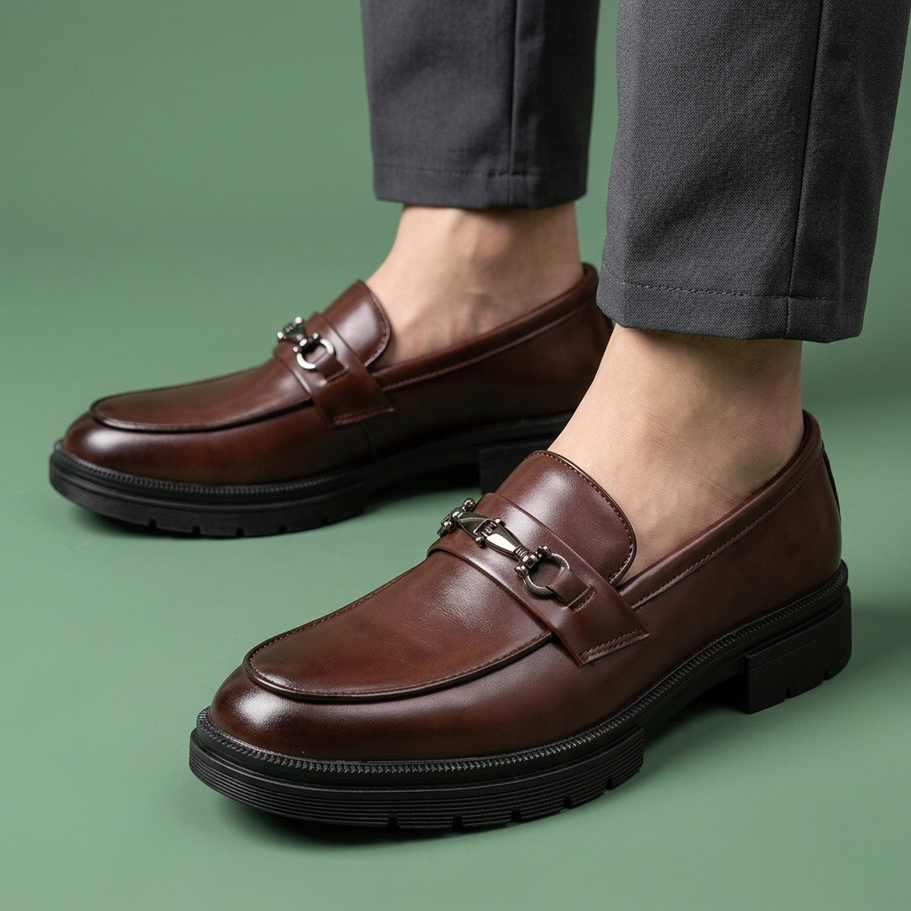 Zijaanzicht van de zwarte leren loafers heren, met de ergonomische zool duidelijk zichtbaar, voor een comfortabele pasvorm.