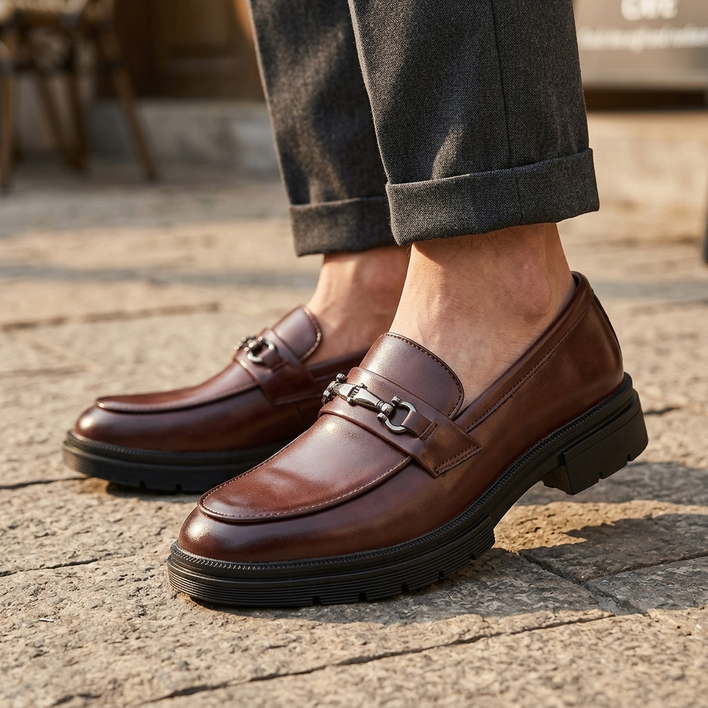 Bovenaanzicht van een paar bruine leren loafers heren, netjes naast elkaar geplaatst, benadrukt de elegante vorm.