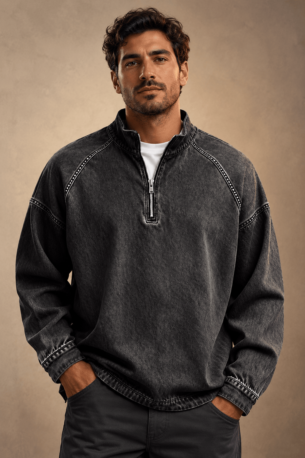 Vooraanzicht van de Jari heren quarter-zip trui in grijs, gedragen door een man, benadrukt de relaxte pasvorm.
