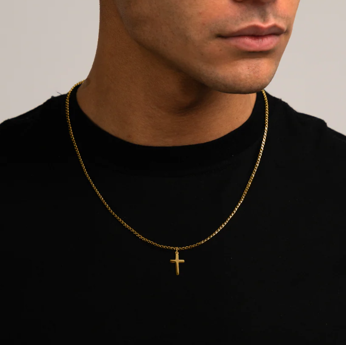 Gouden Heren Ketting met Kruis Hanger - RVS Schakelketting