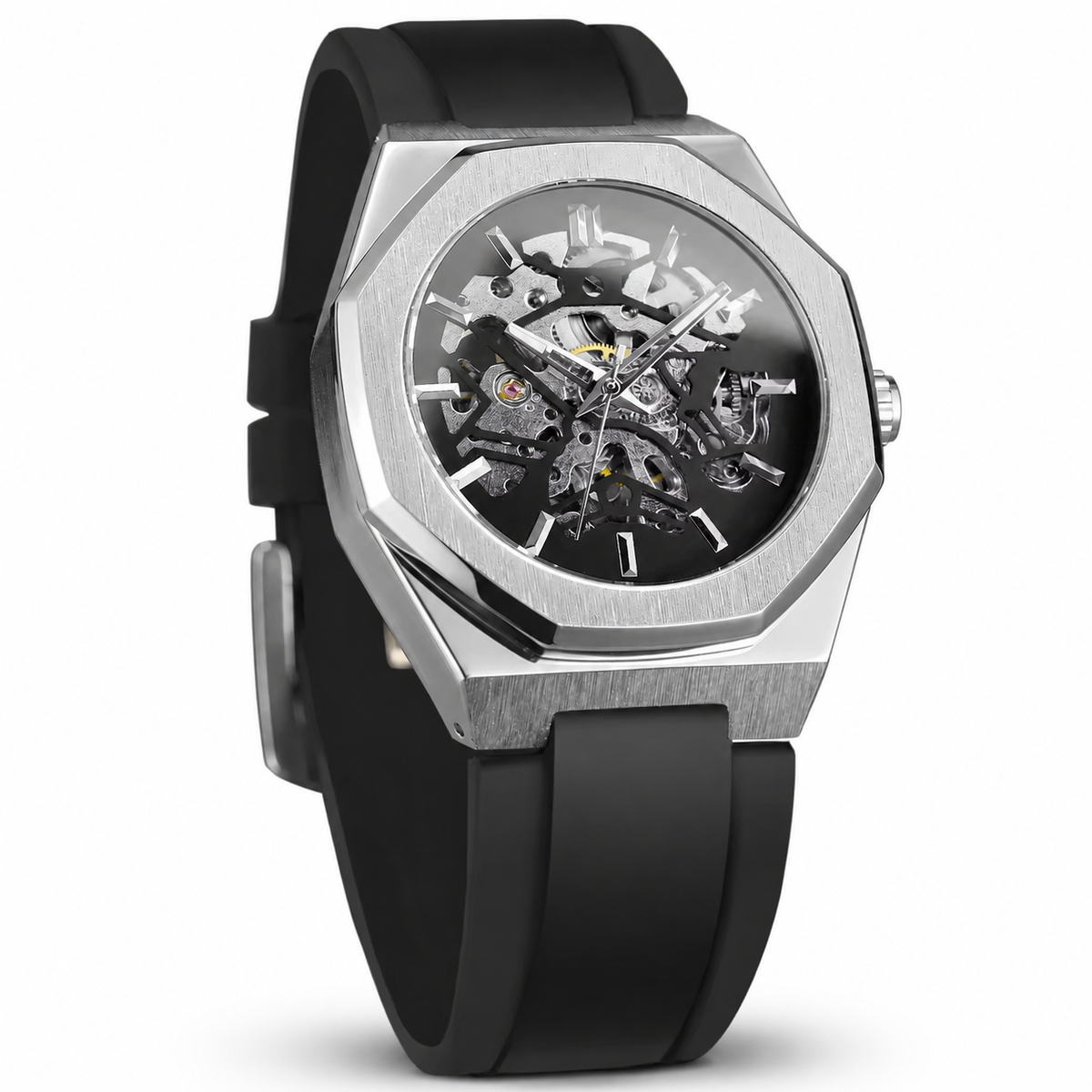 Zijaanzicht van het elegante Vigo automatische horloge, gedragen om een herenpols met geborstelde metalen afwerking.