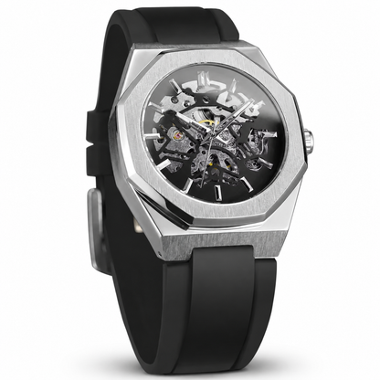 Zijaanzicht van het elegante Vigo automatische horloge, gedragen om een herenpols met geborstelde metalen afwerking.