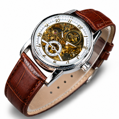 Het verfijnde Marius horloge in een zwarte uitvoering, liggend op een donker oppervlak en toont de gedetailleerde mechaniek.