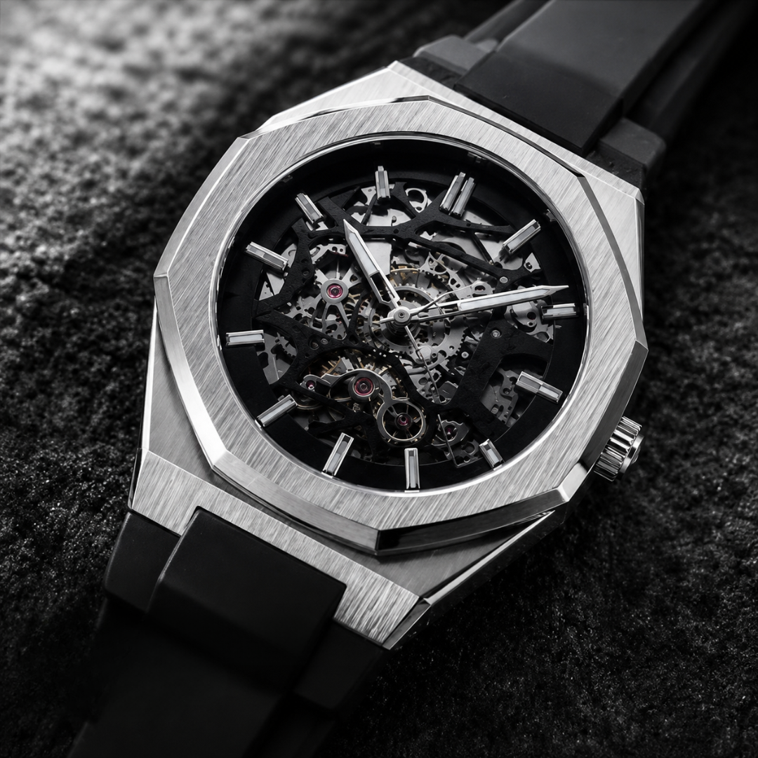 Vooraanzicht van het Vigo automatische horloge met open skelet wijzerplaat en zilveren kast.