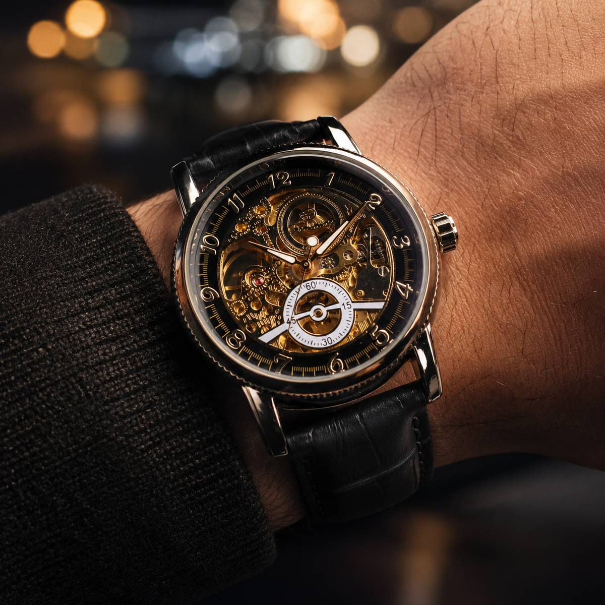 Zijaanzicht van het Marius herenhorloge, waarbij de slanke gepolijste kast en de textuur van de echt leren band goed zichtbaar zijn.