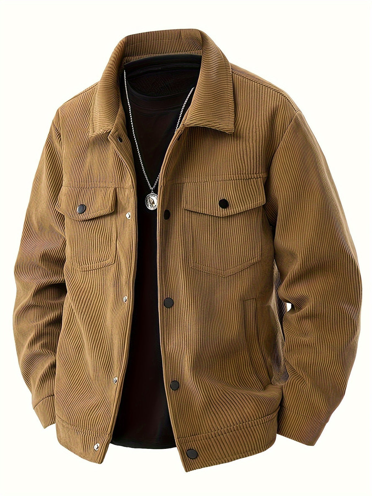 Een model draagt de zwarte corduroy herenjas in een stedelijke omgeving, tonend de veelzijdigheid voor dagelijks gebruik.