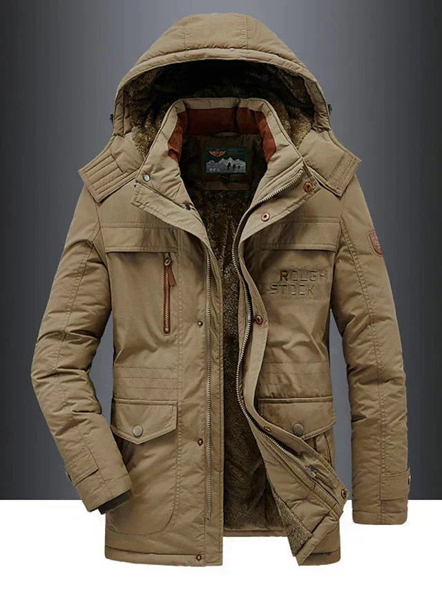Mannelijke winterjas, Hidde model, in antracietkleur, vooraanzicht met gesloten rits en capuchon, voor betrouwbare bescherming.