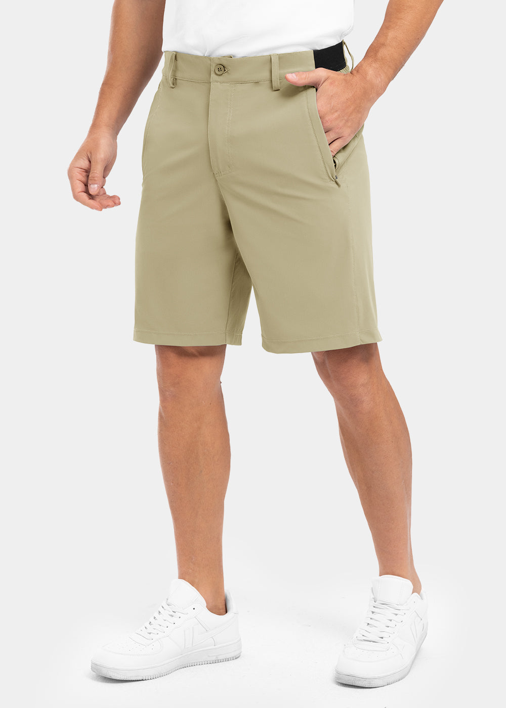 Khaki Arthur shorts, vooraanzicht, gepresenteerd op een model, met een focus op de natuurlijke tint.