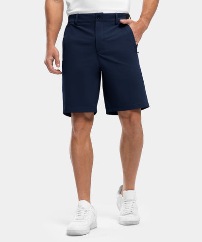 Zijkant van de grijze herenshorts, met aandacht voor de comfortabele pasvorm rond de heupen.