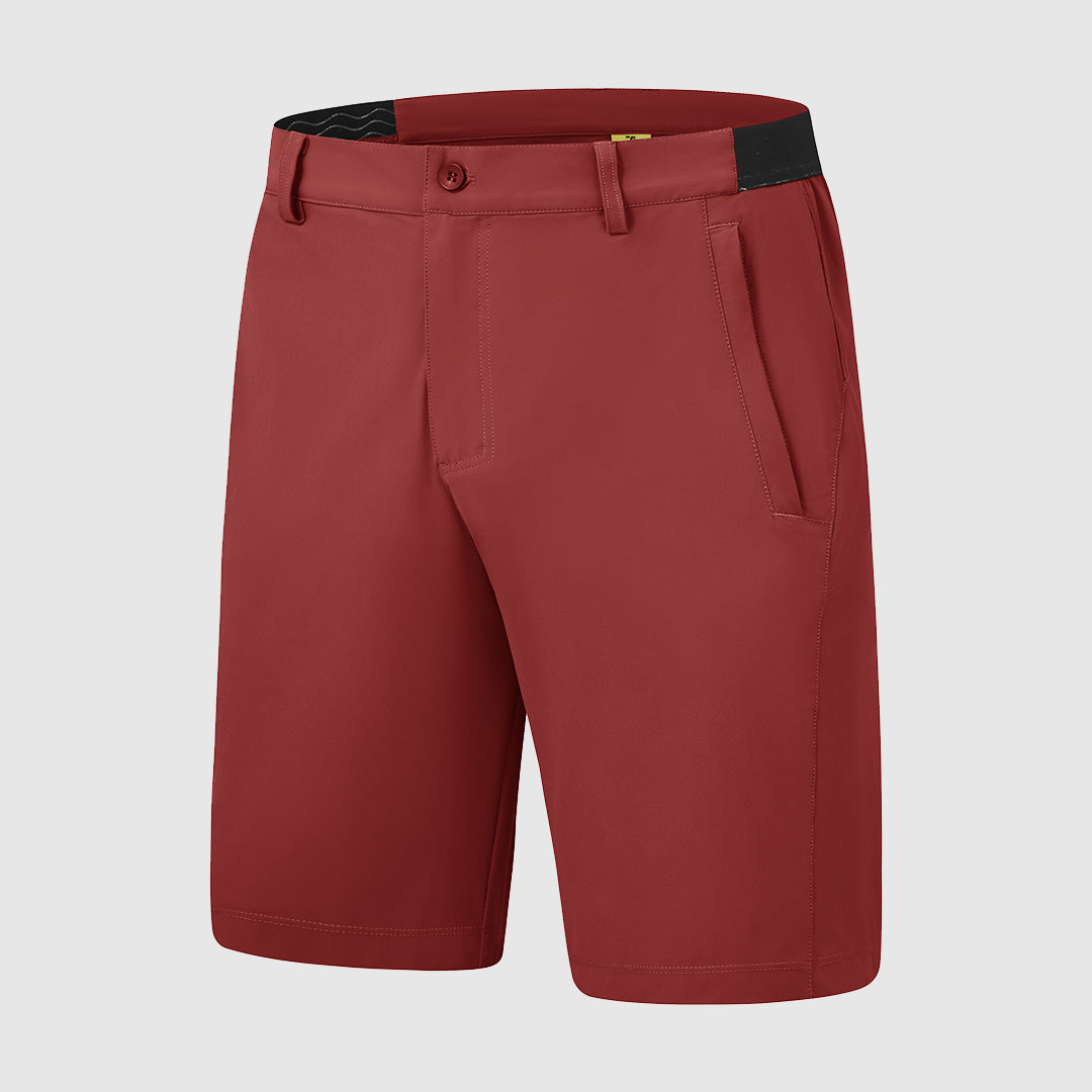 Zijkant van de bruine herenshorts, met aandacht voor de lengte en de bewegingsvrijheid tijdens het dragen.