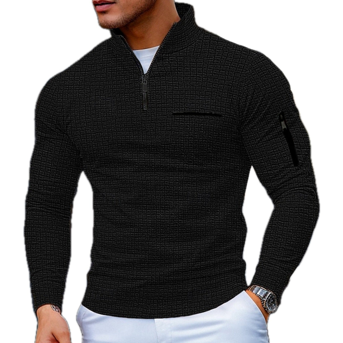 Man toont de sweater in een casual setting, gecombineerd met jeans voor een complete alledaagse look.