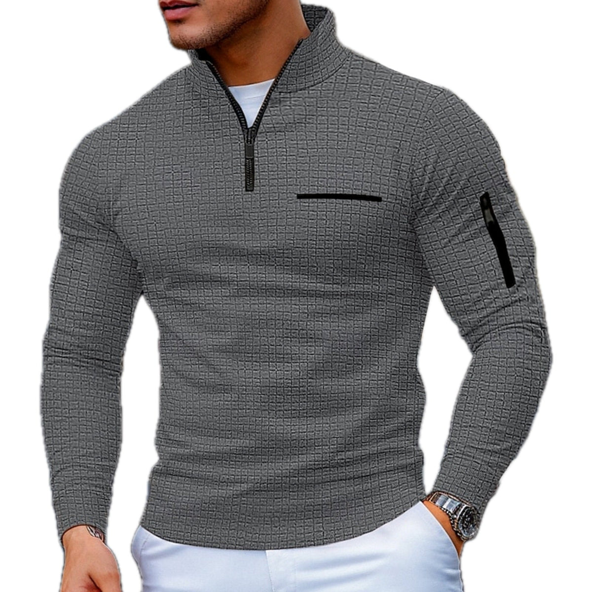Achterkant van de heren sweater, benadrukt de normale pasvorm en de afwerking van de stof.