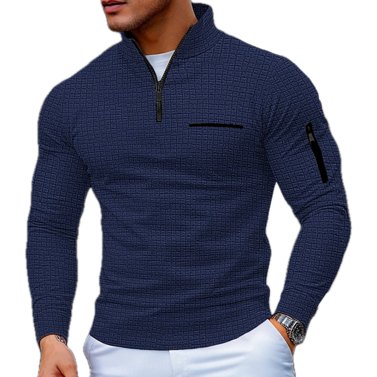De sweater in een studio-opstelling, gevouwen om de kleurvarianten en het gestructureerde patroon te tonen.