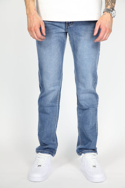 Close-up van de stretchdenim stof van de Axel jeans, toont de zachte textuur en kleur.