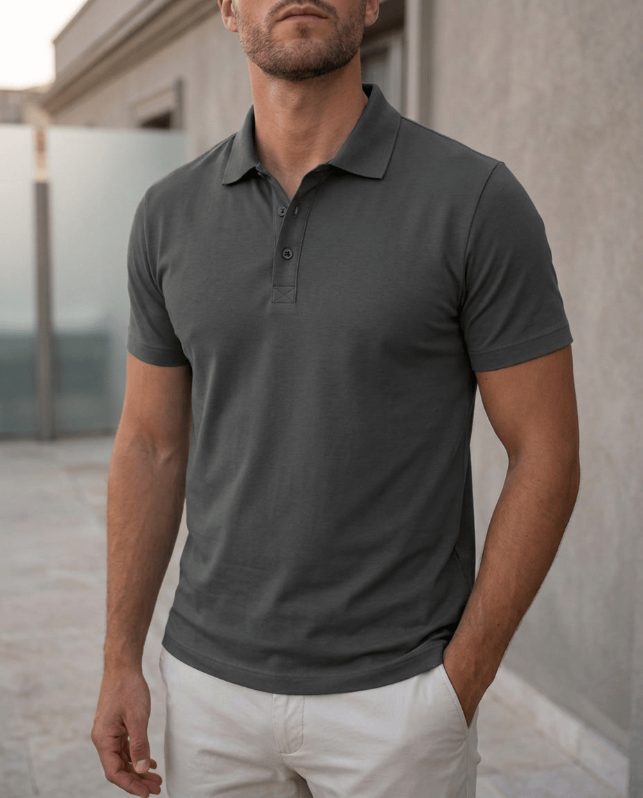 Volledig vooraanzicht van het comfortabele heren poloshirt in grijs, getailleerd en netjes op een model gepresenteerd.