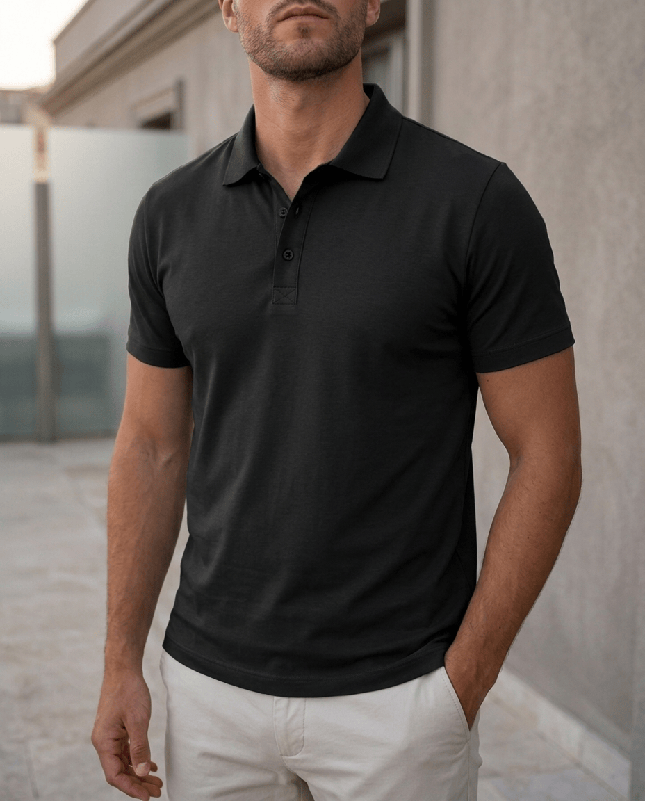 Zijaanzicht van het ademende heren poloshirt, waarbij de soepele stof en de bewegingsvrijheid duidelijk zichtbaar zijn.