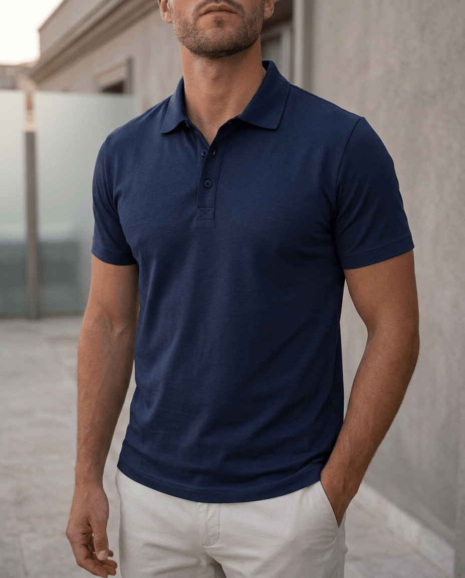 Een stapel opgevouwen heren poloshirts in verschillende kleuren (zwart, beige, mintgroen), georganiseerd en aantrekkelijk.
