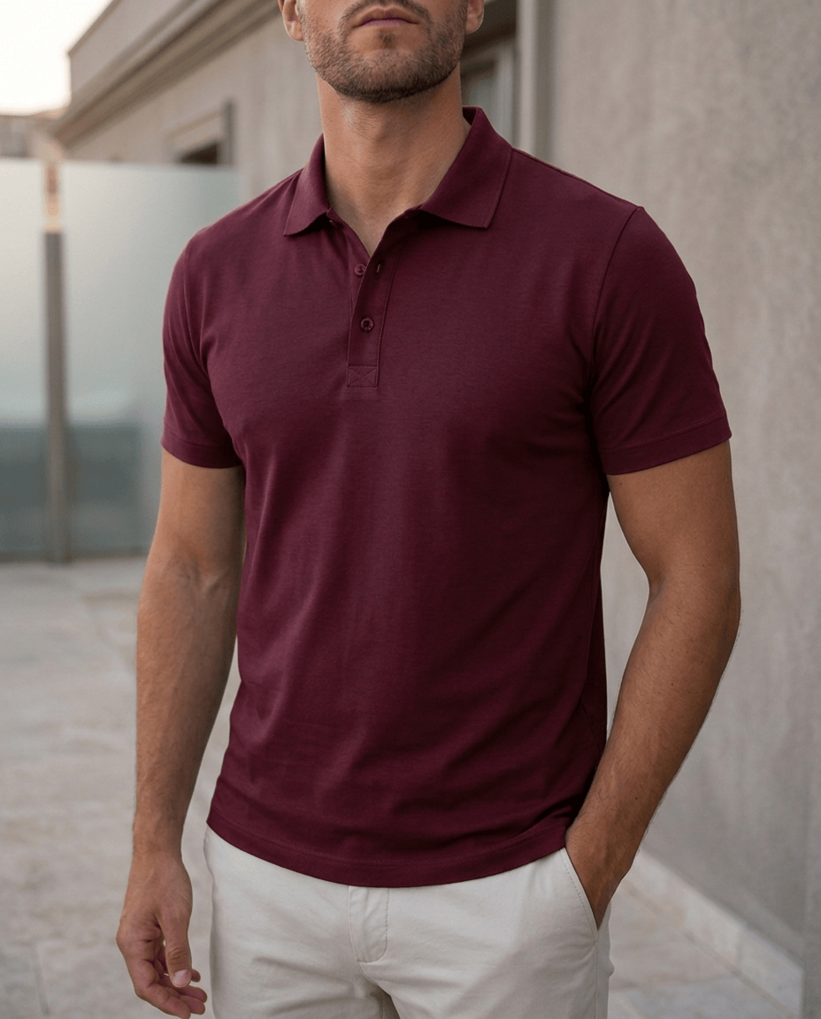 Het heren poloshirt in bordeauxrood, gecombineerd met een chino broek, staand in een stedelijke omgeving, klaar voor de dag.