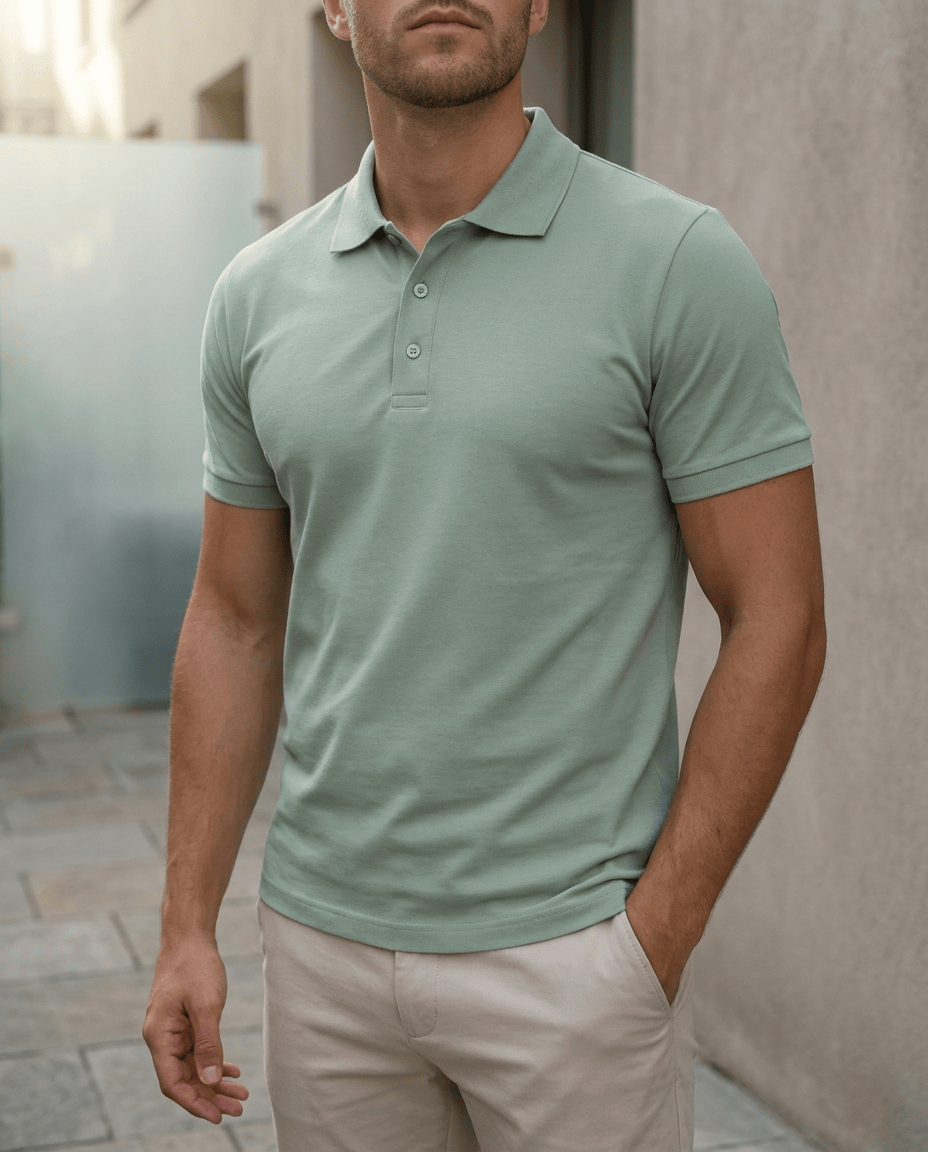 Close-up van de knoopsluiting en het merklabel van het heren poloshirt, detail van de kwaliteit en afwerking.