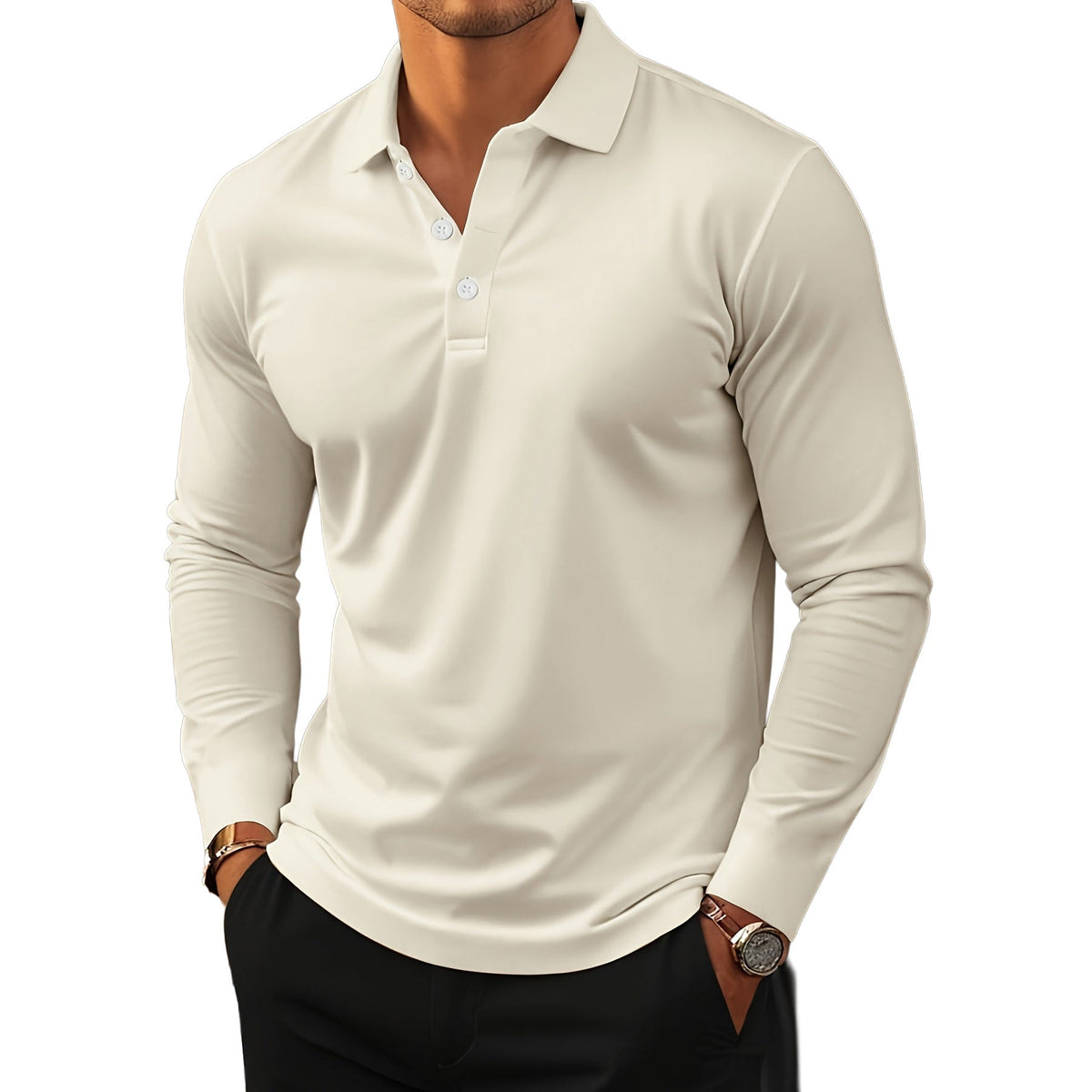 Zijaanzicht van een man die het getailleerde zwarte T-shirt met lange mouwen draagt, casual gestyled.