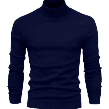 Blauwe heren sweater met effen kleur, gepresenteerd in een zij-aanzicht, ideaal voor gelaagde outfits.