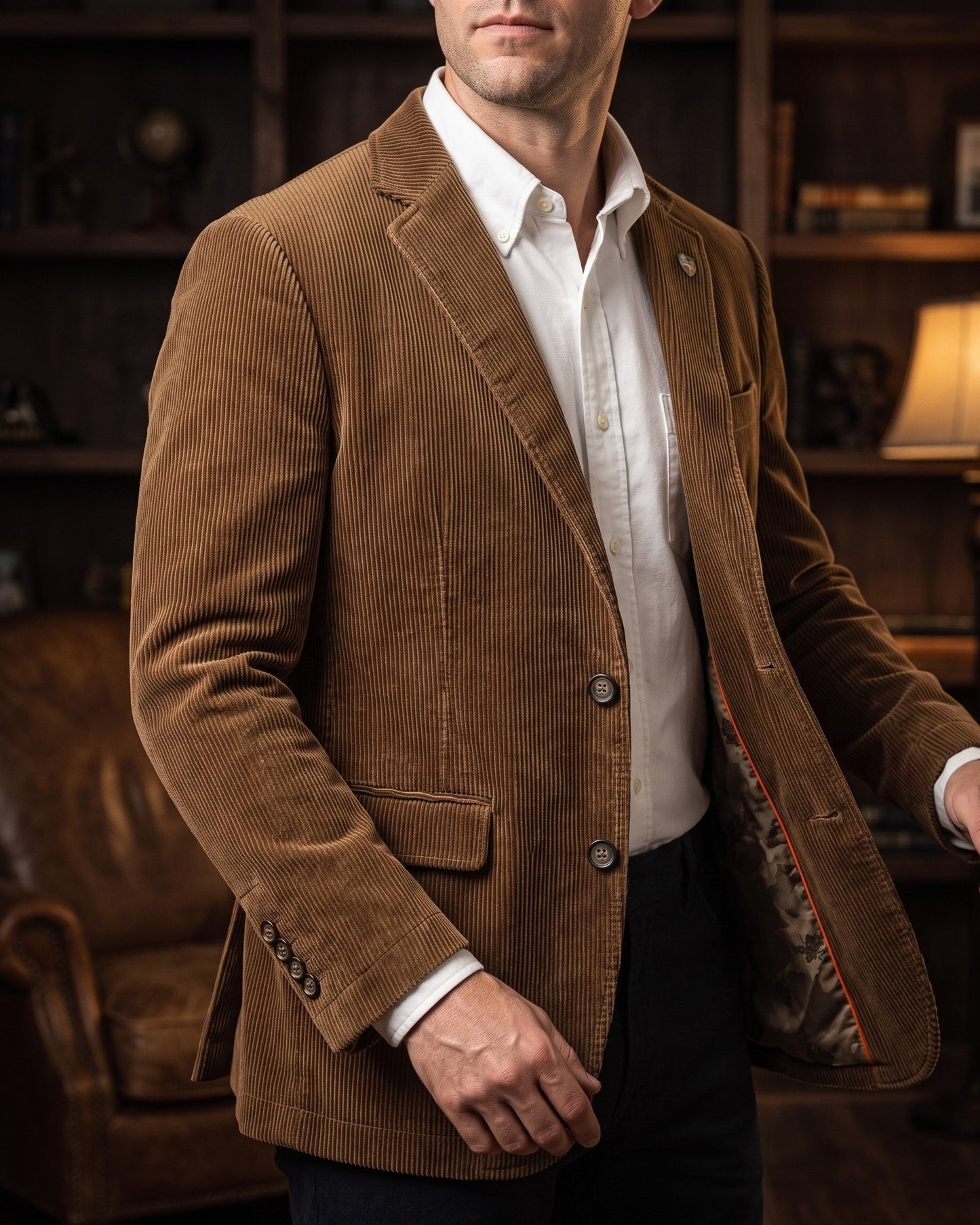 Een man leest ontspannen in een fauteuil, gekleed in de elegante corduroy jas, comfortabel en stijlvol.