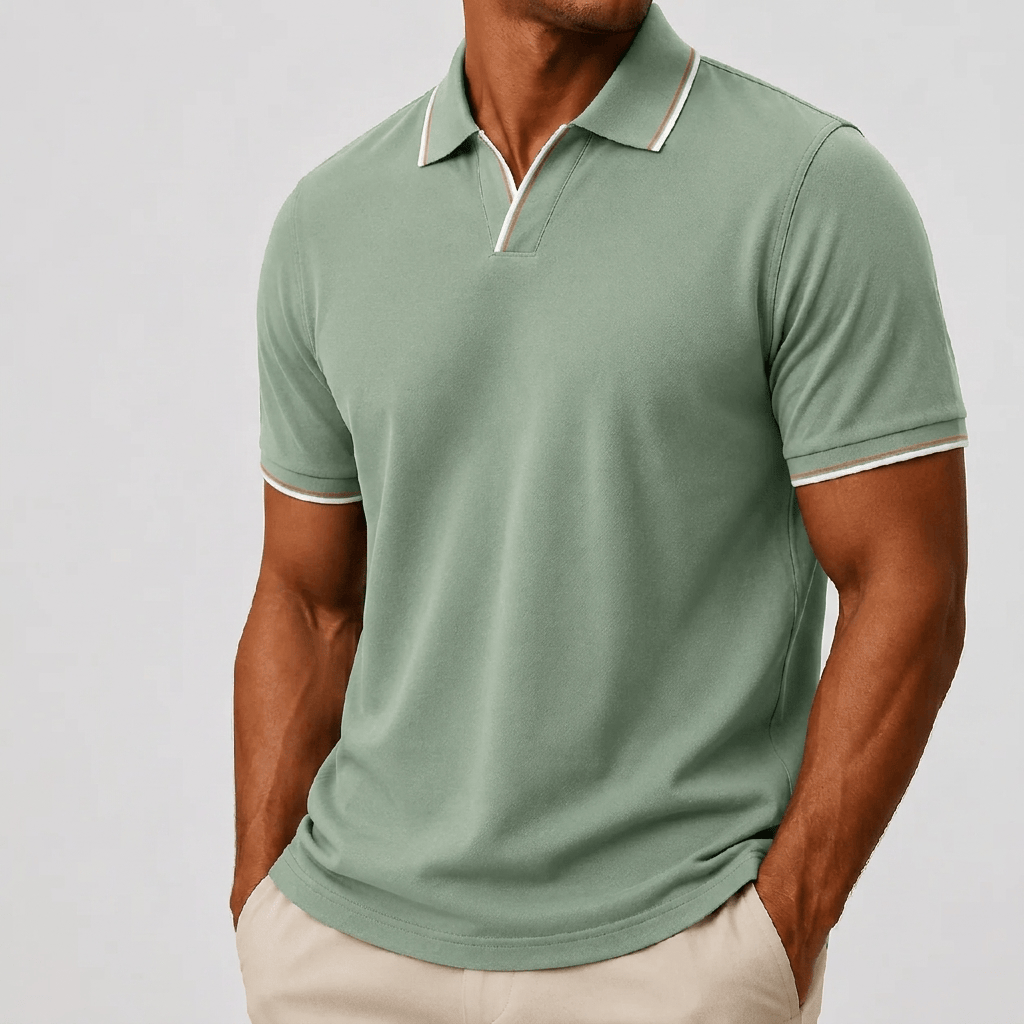 Model toont het witte poloshirt, vooraanzicht, met een ontspannen maar verfijnde uitstraling.