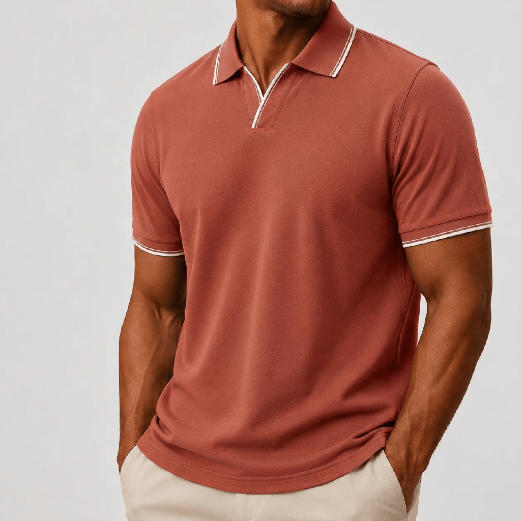 Close-up van de manchet van het witte poloshirt, met de getipte rand.