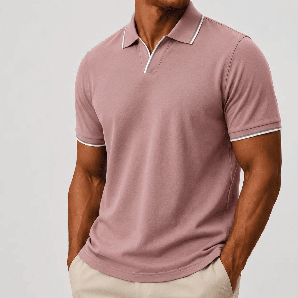Detail van de knoopsluiting van het zwarte poloshirt, toont de afwerking.