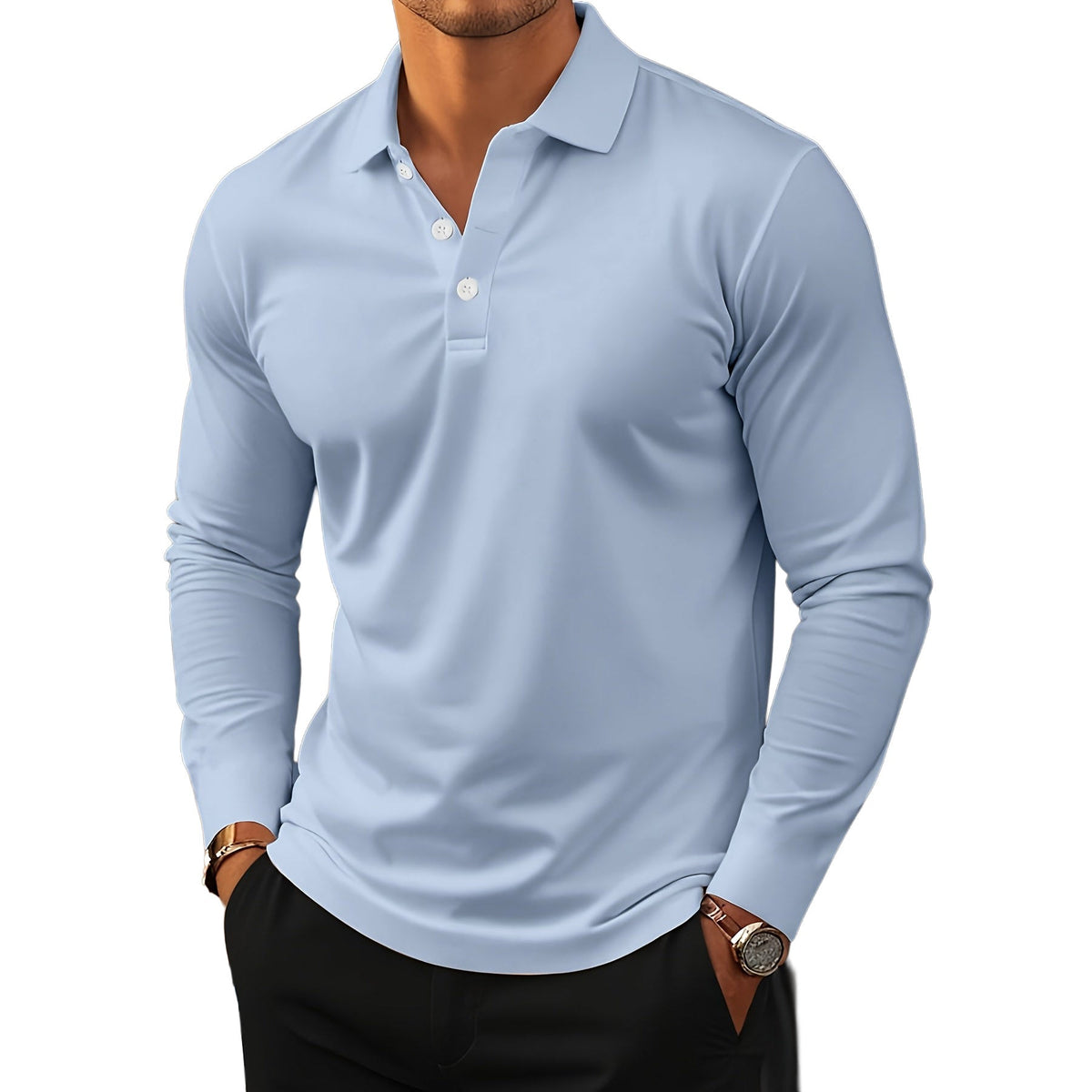 Detailopname van de zachte stretchstof van het blauwe T-shirt met lange mouwen, met focus op de textuur.
