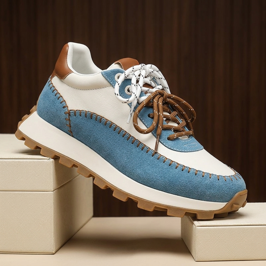 Zijaanzicht van de blauwe Elara retro sneakers met contrasterende veters op een neutrale achtergrond.