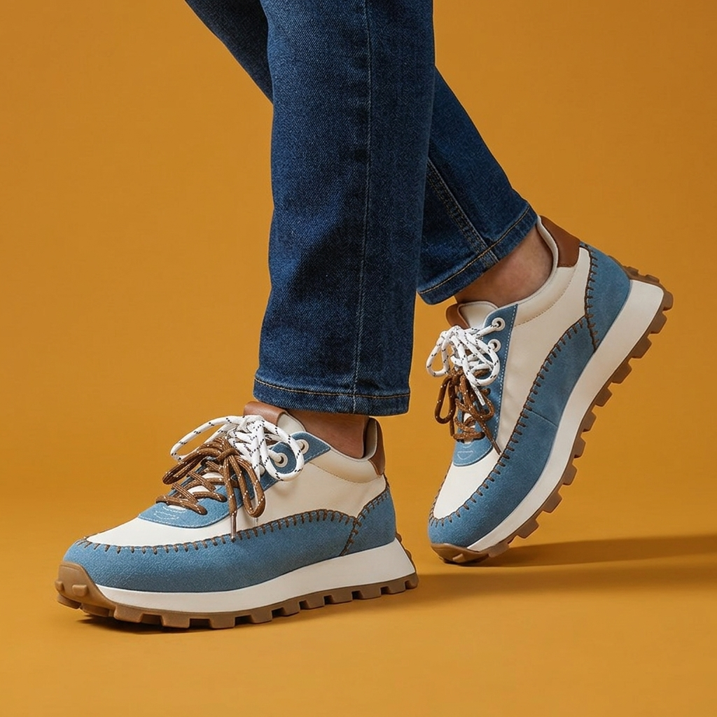 Close-up van de gedetailleerde handgemaakte stiksels op de beige Elara retro sneakers, focus op de textuur.