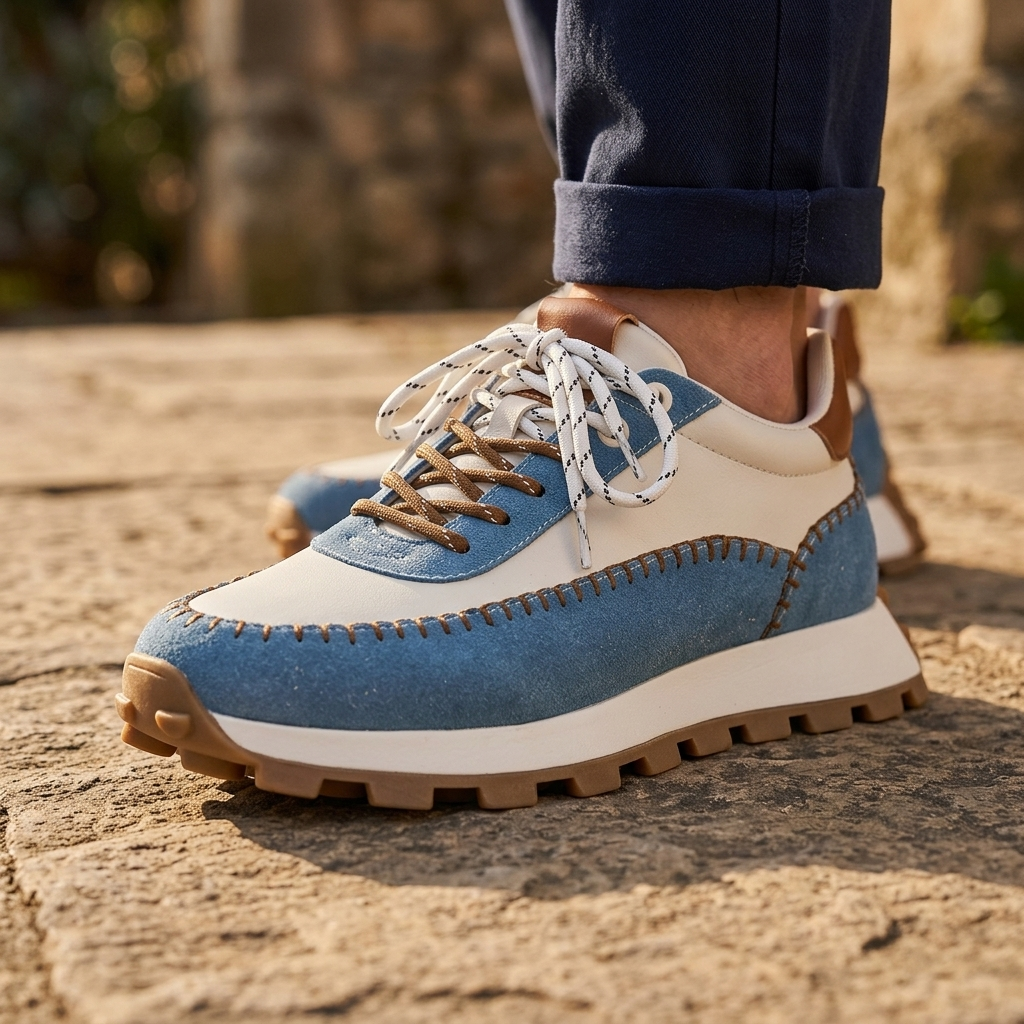 Vooraanzicht van de zwarte Elara retro sneakers, met de dubbele veters en de neus van de schoen duidelijk zichtbaar.