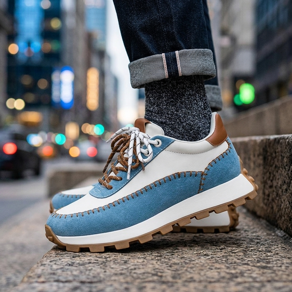 Bovenaanzicht van een paar blauwe Elara retro sneakers, waarbij de hele schoen en de veters goed zichtbaar zijn.