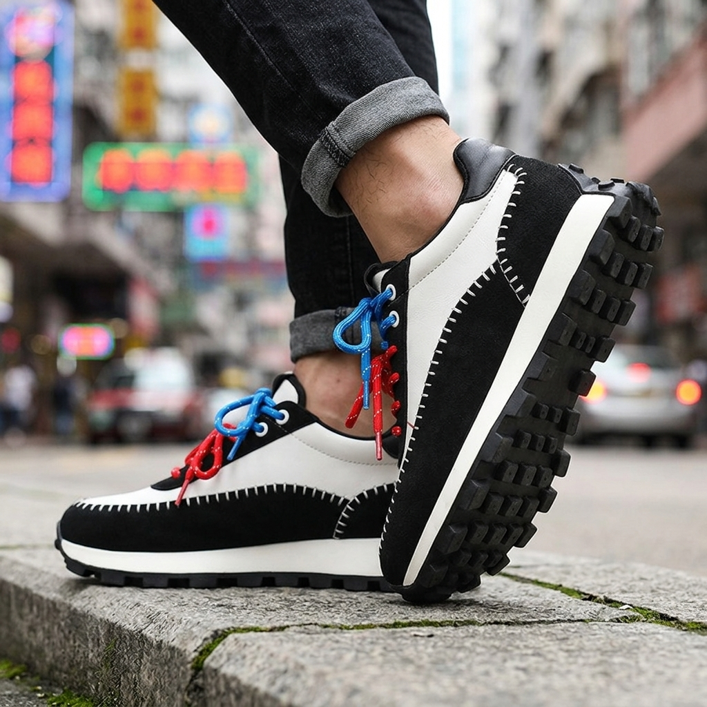 Detailopname van de gladde en getextureerde panelen op de zwarte Elara retro sneakers, met nadruk op het materiaalcontrast.