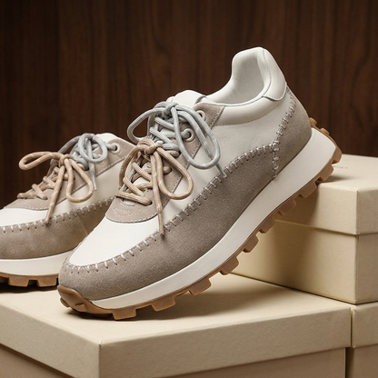 Drie paar Elara retro sneakers in blauw, zwart en beige, naast elkaar gepresenteerd om de kleuropties te tonen.