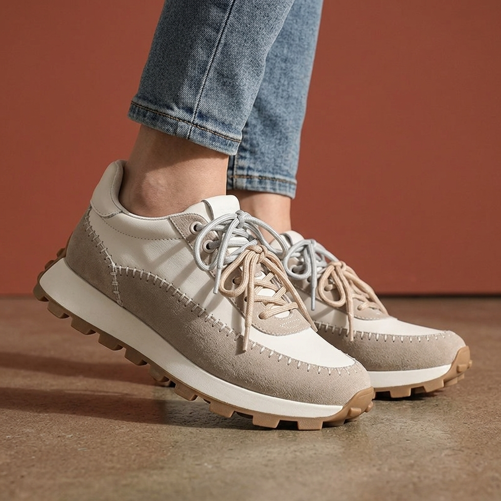 Een close-up van de achterkant van de blauwe Elara retro sneakers, waarbij de hiel en een deel van de zool zichtbaar zijn.