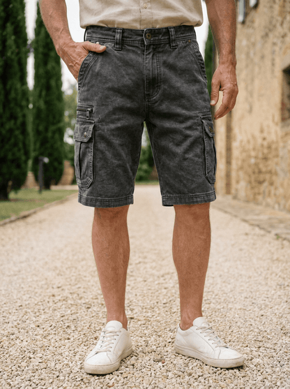 Elias denim cargoshorts in een gedurfde dusty rose kleur, frontaal gefotografeerd op een effen achtergrond.