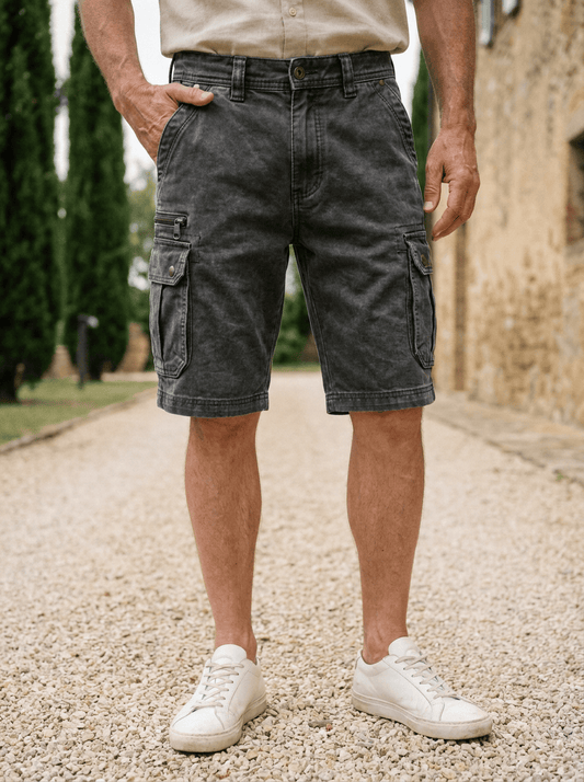 Elias denim cargoshorts in een gedurfde dusty rose kleur, frontaal gefotografeerd op een effen achtergrond.