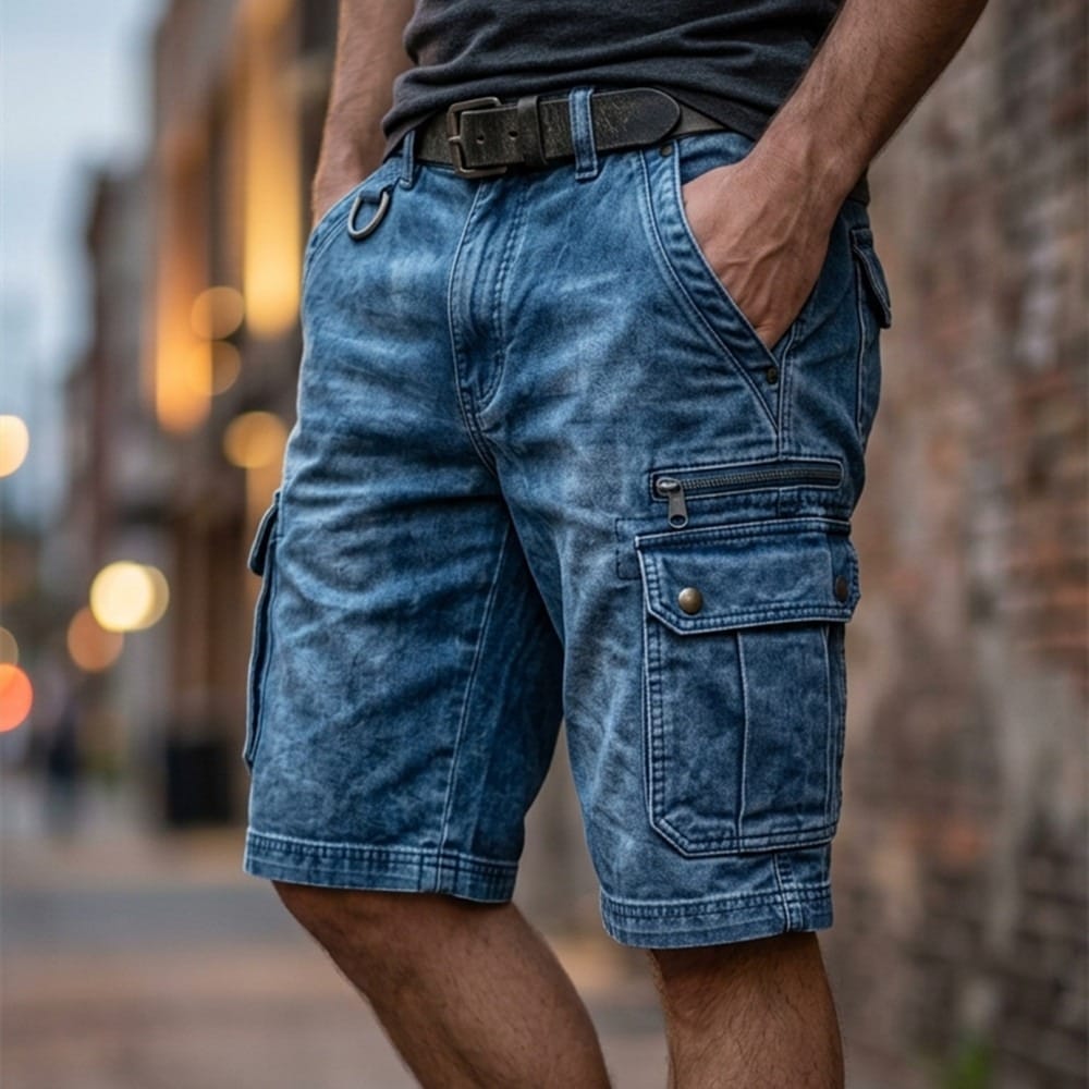 Een stapel Elias denim cargoshorts in verschillende kleuren (grijs, blauw, groen, beige, roze), bovenaanzicht.