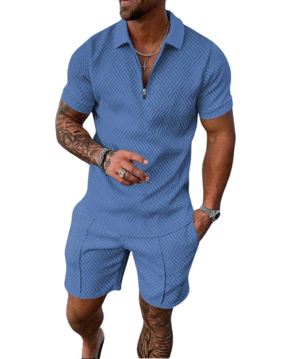 Vooraanzicht van de Enzo heren kleding set in een neutrale kleur, gedragen door een model.