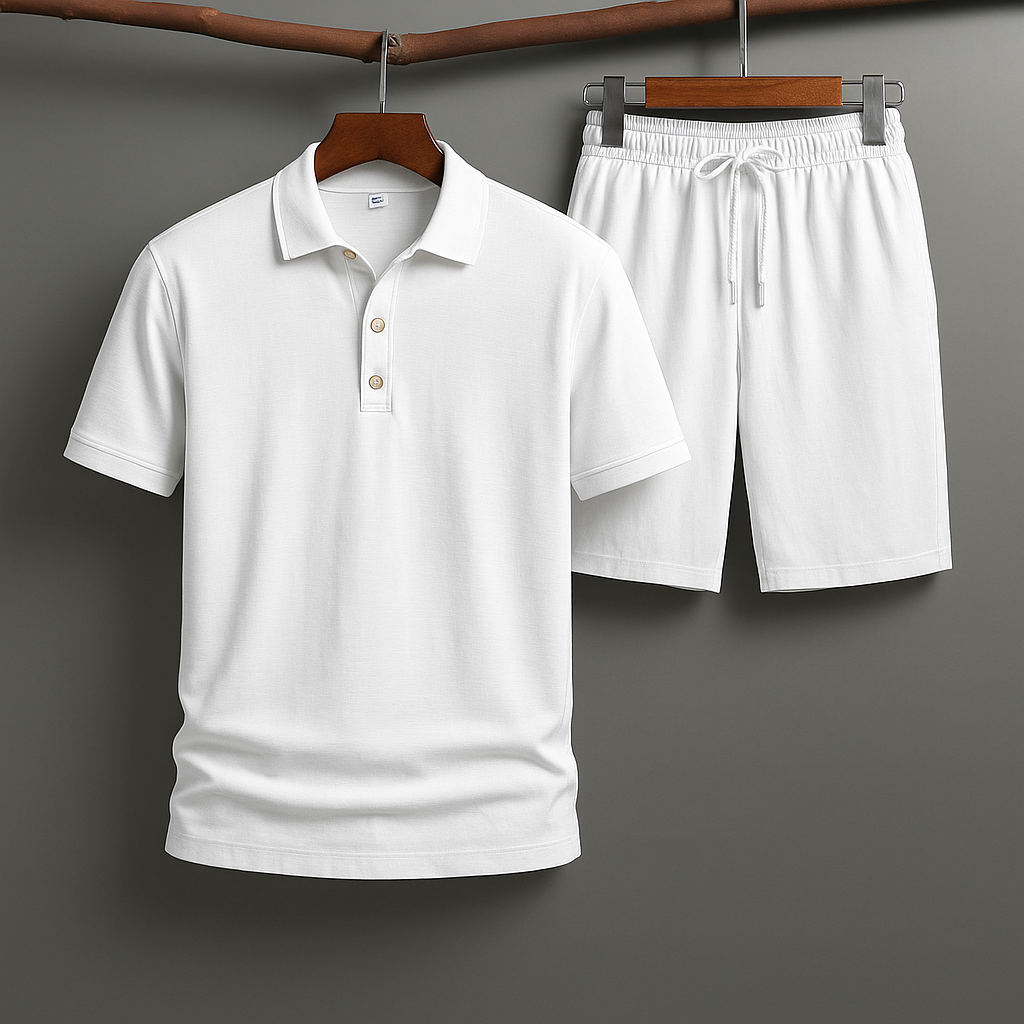 Close-up van de kraag en knoopsluiting van het witte Felix poloshirt, voor een nette uitstraling.